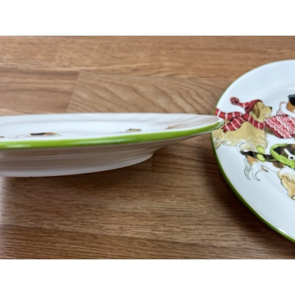 Pier 1 Park Avenue Puppies Dogs Salad Dessert Plates, Set of 2, Christmas Winter